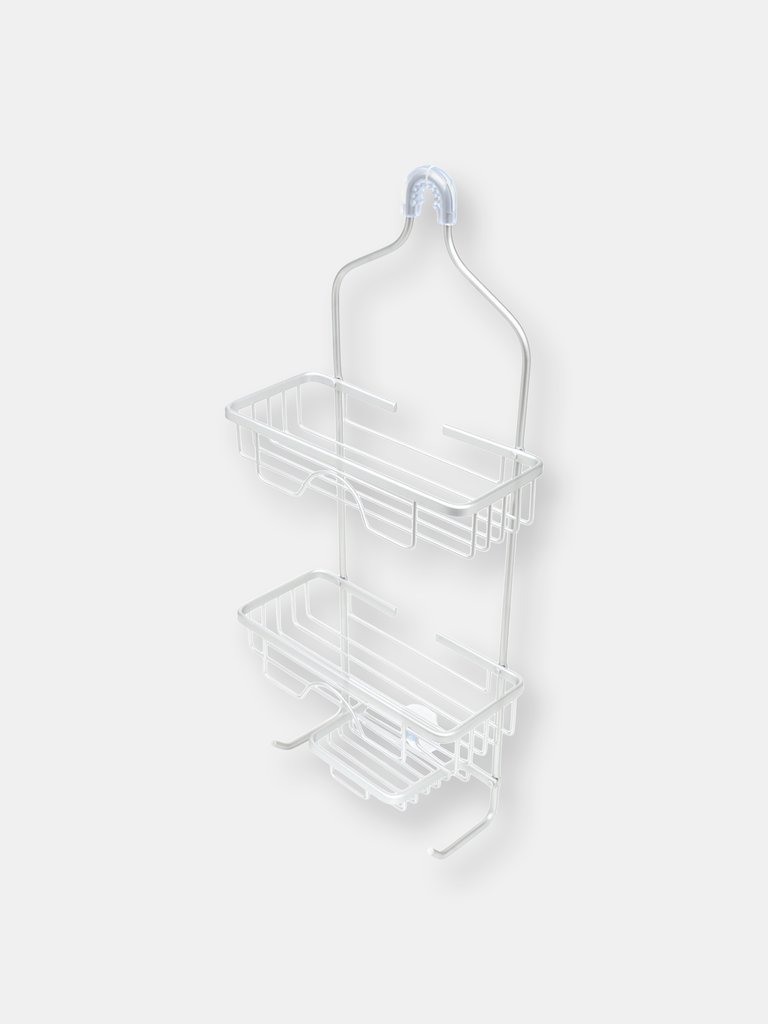 2 Tier Aluminum Shower Caddy with Lower Hooks and Soap Tray - White