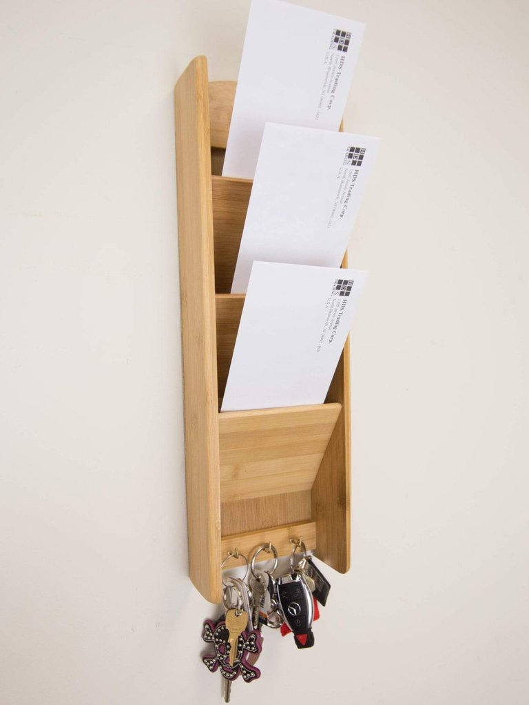 3 Tier Bamboo Letter Rack with Key Hooks