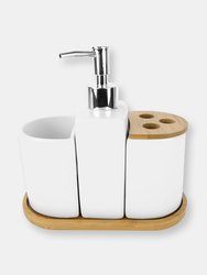 4 Piece Ceramic Bath Accessory Set with Bamboo Accents