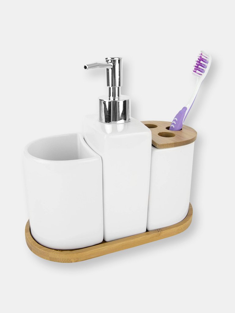 4 Piece Ceramic Bath Accessory Set with Bamboo Accents