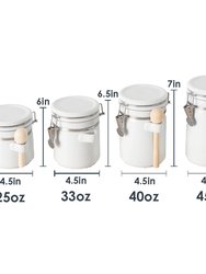 4 Piece Ceramic Canister Set with Wooden Spoons, White