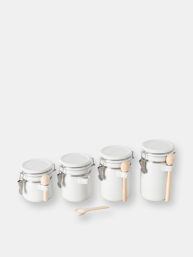 4 Piece Ceramic Canister Set with Wooden Spoons, White