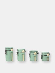 4 Piece Ceramic Canisters with Easy Open Air-Tight Clamp Top Lid and Wooden Spoons, Mint