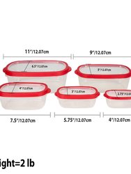 5 Piece Spill-Proof  Rectangle Plastic Food Storage  Container with Ventilated, Snap-On  Lids, Red