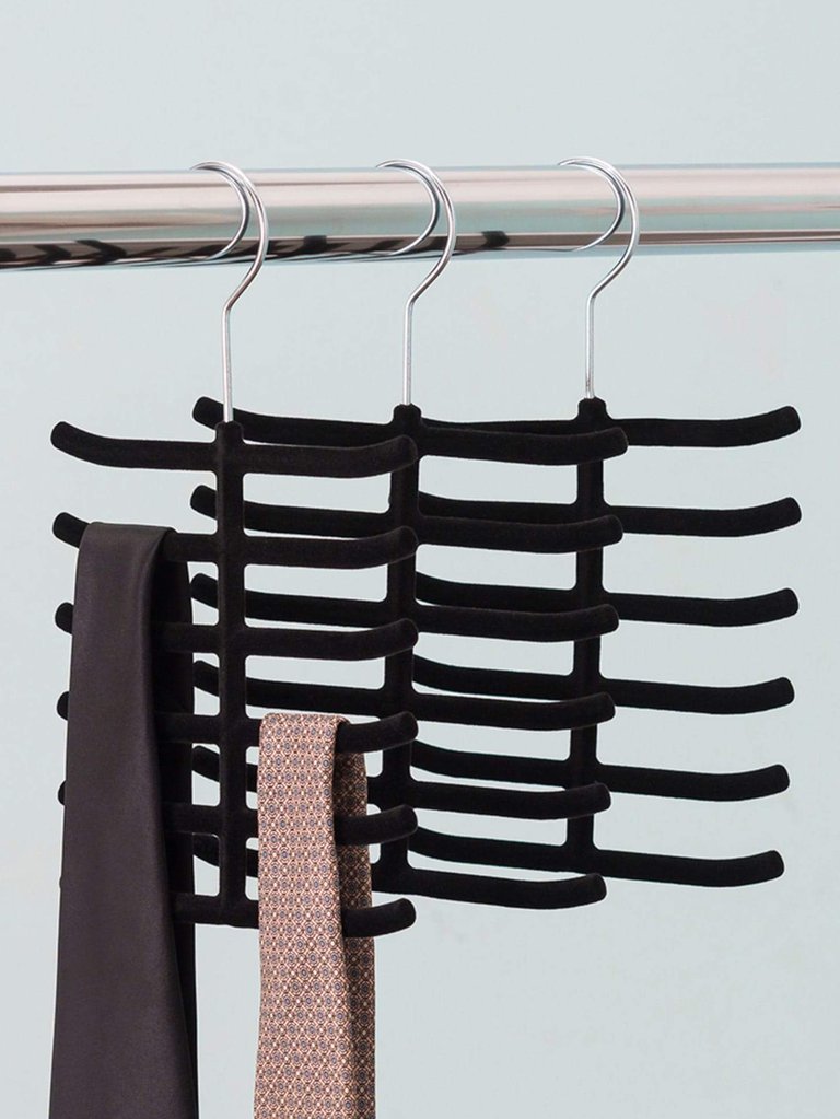 6 Tier Non-Slip Velvet Tie Hanger, Black