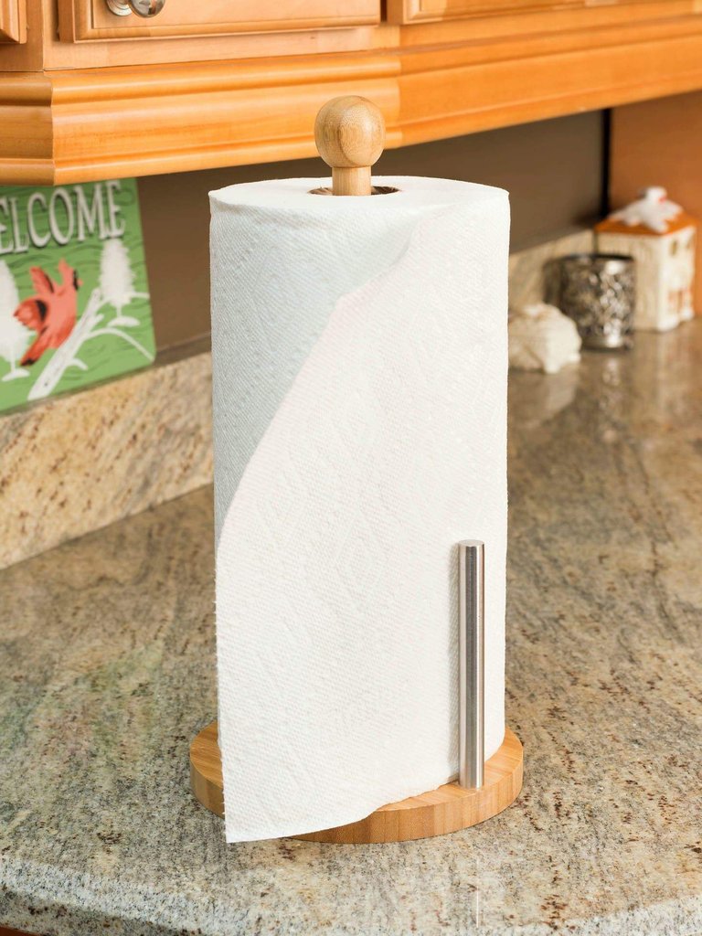 Bamboo Paper Towel Holder with Steel Dispensing Side Bar