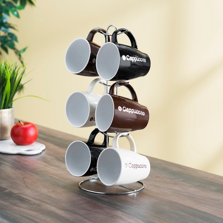 Cappuccino 6 Piece Mug Set With Stand