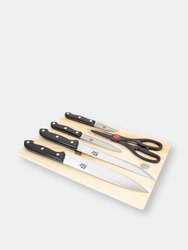 Essentials Series 5 Piece Stainless Steel Knife Set with All Natural Wood Cutting Board