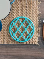 Lattice Collection Round Heavy Weight Multi-Purpose Cast Iron Trivet with Non-Skid Rubber Feet, Turquoise