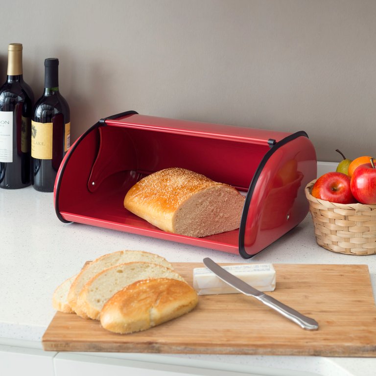 Roll -Top Lid Steel Bread Box - Red