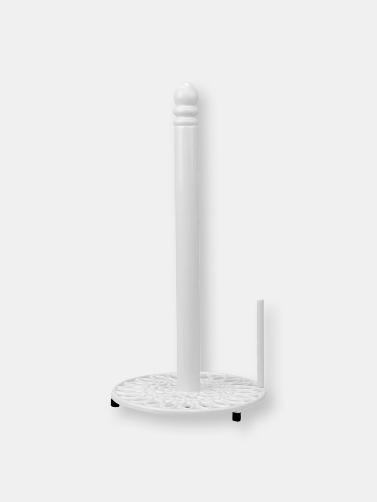 Sunflower Heavy Weight Cast Iron Free Standing Paper Towel Holder with Dispensing Side Bar, White