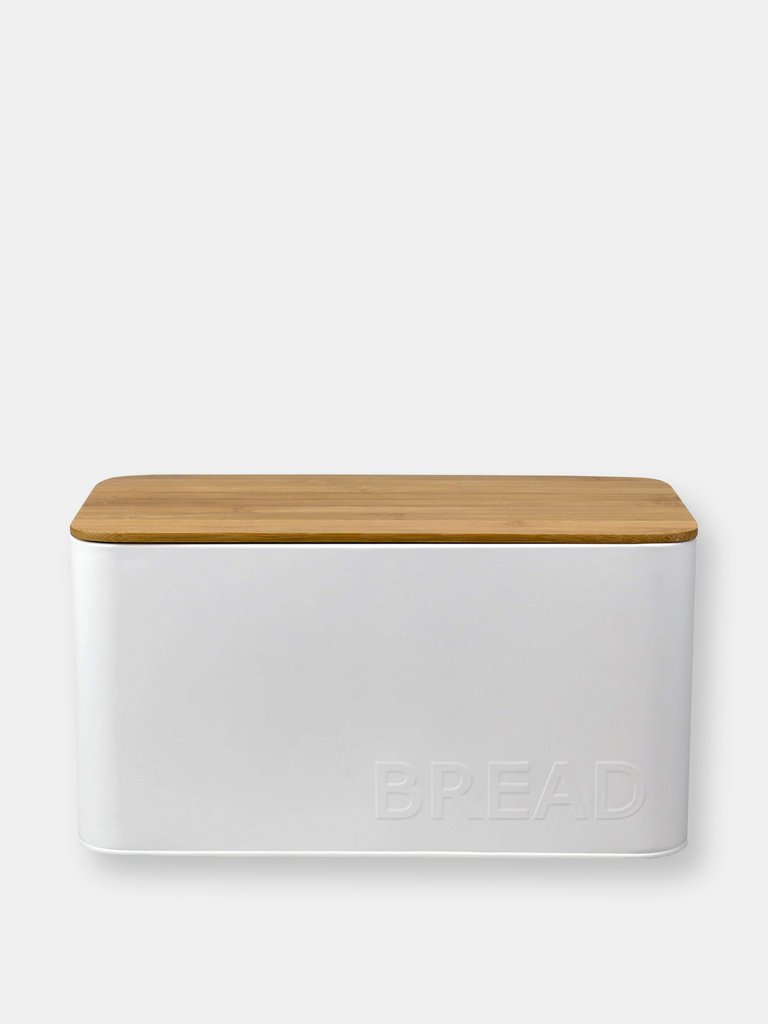 Tin Bread Box  with Bamboo Top, White