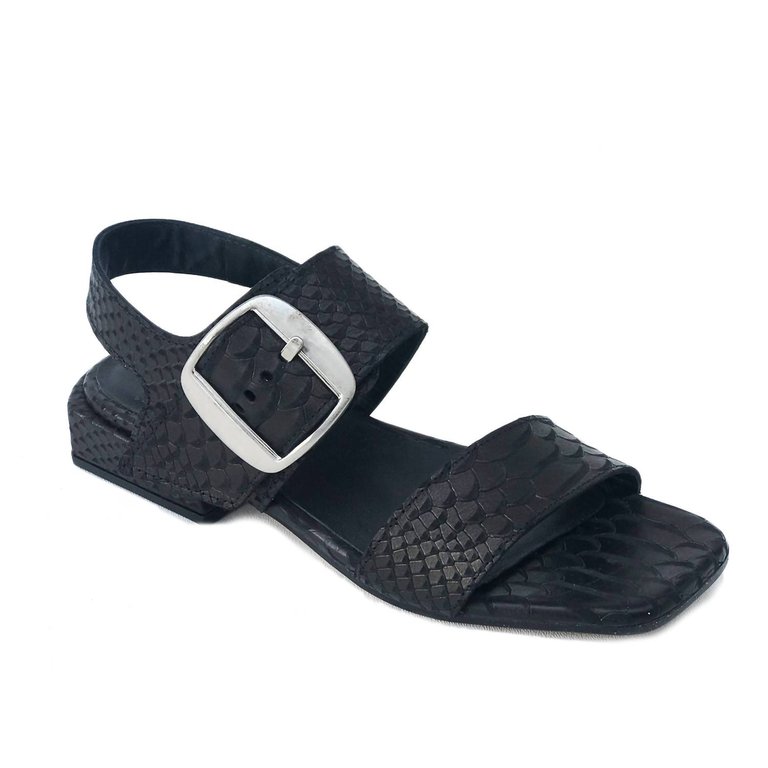 Snakeskin Embossed Flat Sandal - Black