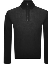 Hugo Boss Men's Ofilato Black Ribbed Knit Virgin Wool Half Zip Sweater - Black
