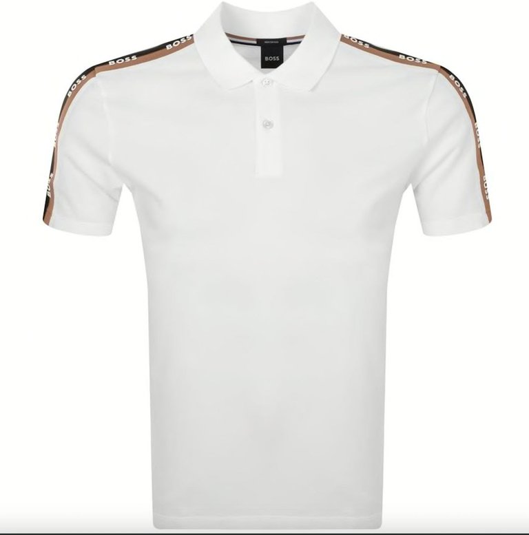 Hugo Boss Men's Parlay White Pique Cotton Shoulder Logo Short Sleeve Polo T-Shirt - White