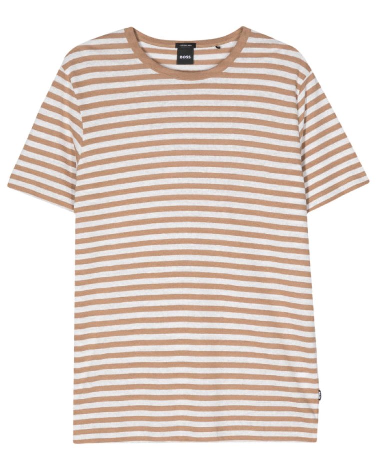 Hugo Boss Men's Tiburt 457 Striped Linen Short Sleeve Crew Neck T-Shirt, Beige/White - Beige/White