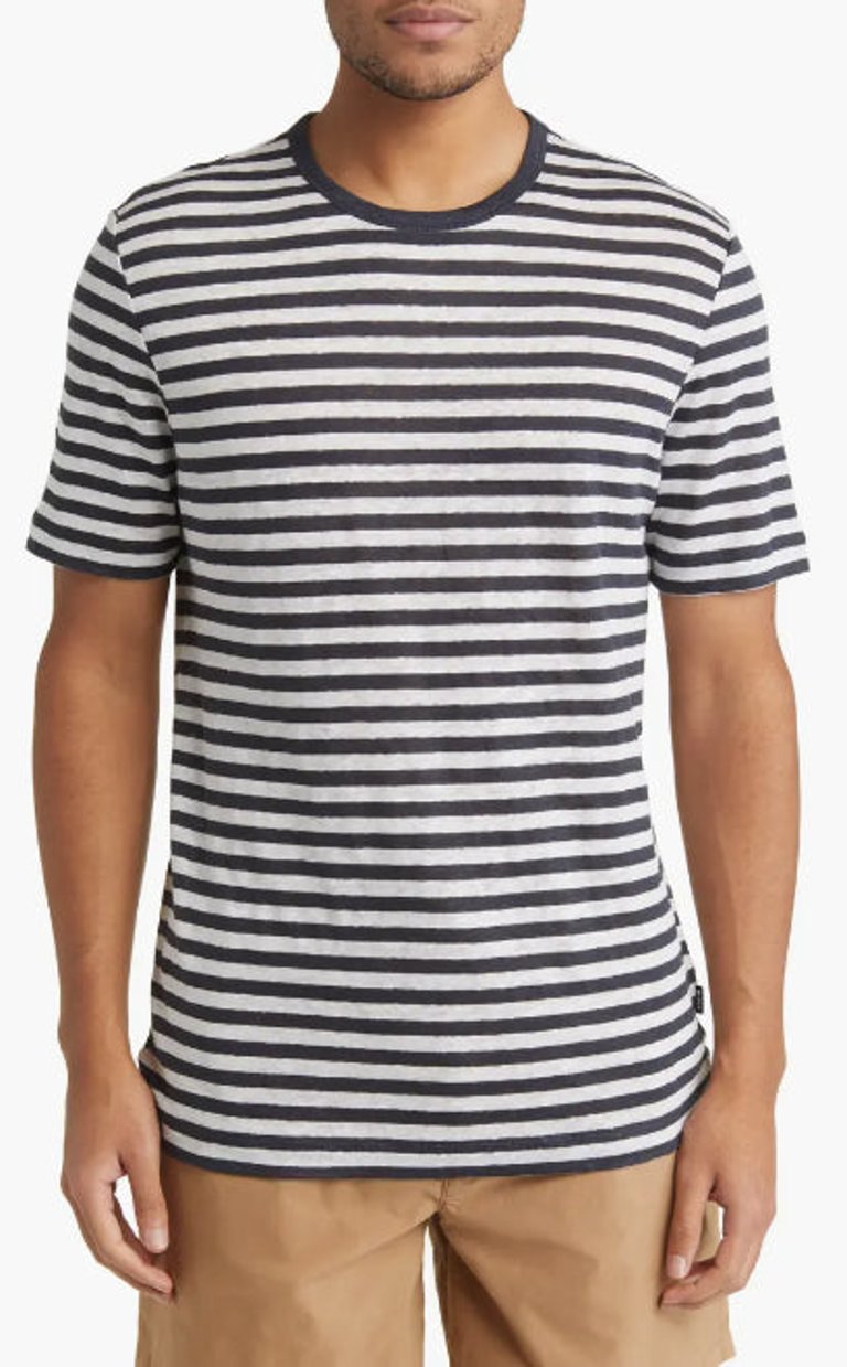 Hugo Boss Men's Tiburt 457 Striped Linen Short Sleeve Crew Neck T-Shirt, Navy/White