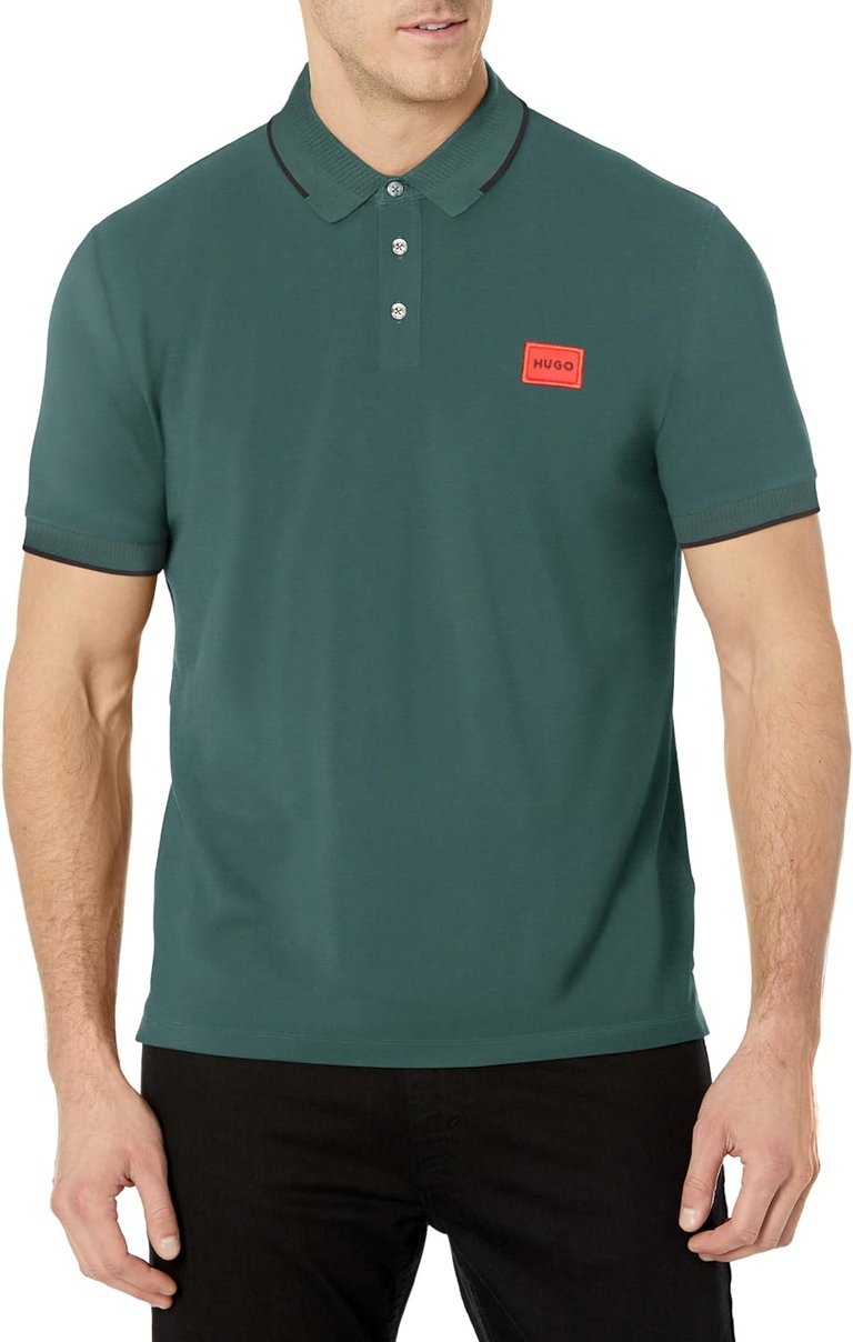 HUGO Men's Solid Green Square Logo Cotton Short Sleeve Polo T-Shirt - Green