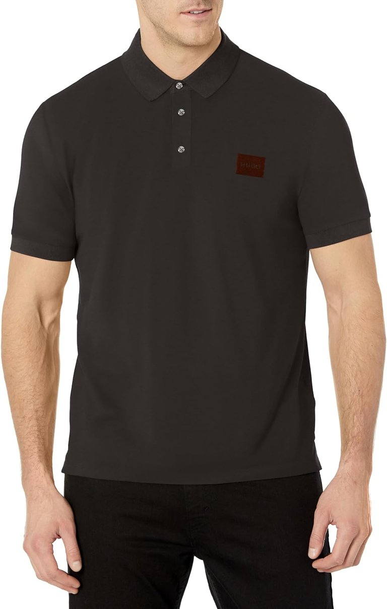 HUGO Men's Square Logo Cotton Polo Shirt Black Short Sleeve - Black