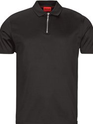Men's Solid Black Zipper Collar Short Sleeve Polo Shirt - Black