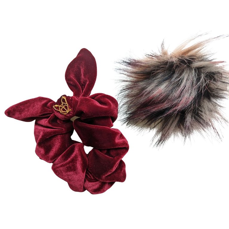 Women's Wine Scrunchie With Pom - Wine