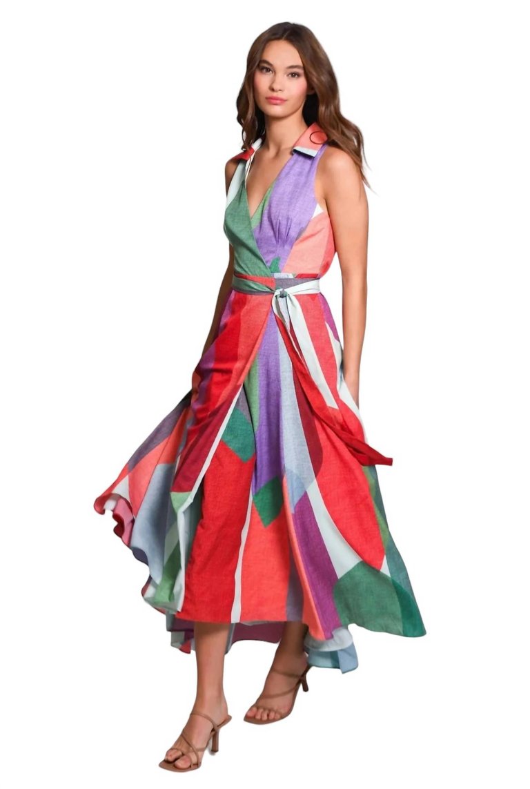 Wrap Midi Dress In Multi Leaves - Multi Leaves