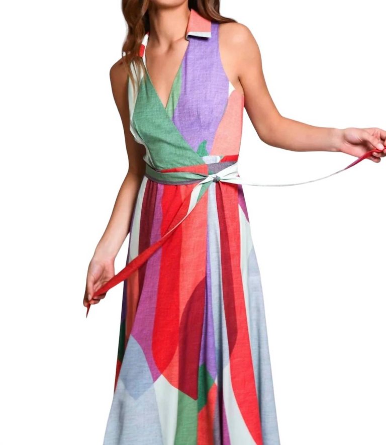 Wrap Midi Dress In Multi Leaves