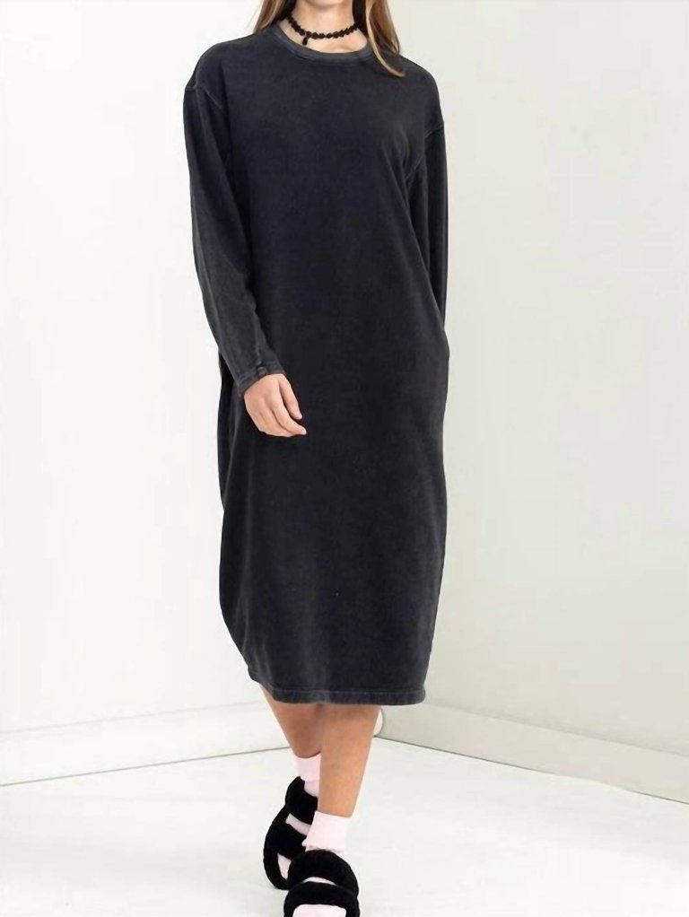 Long Sleeve Midi Sweatshirt Dress In Black - Black