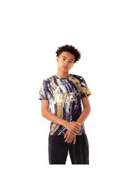 Boys Marble Foil Script T-Shirt - Black/Gold