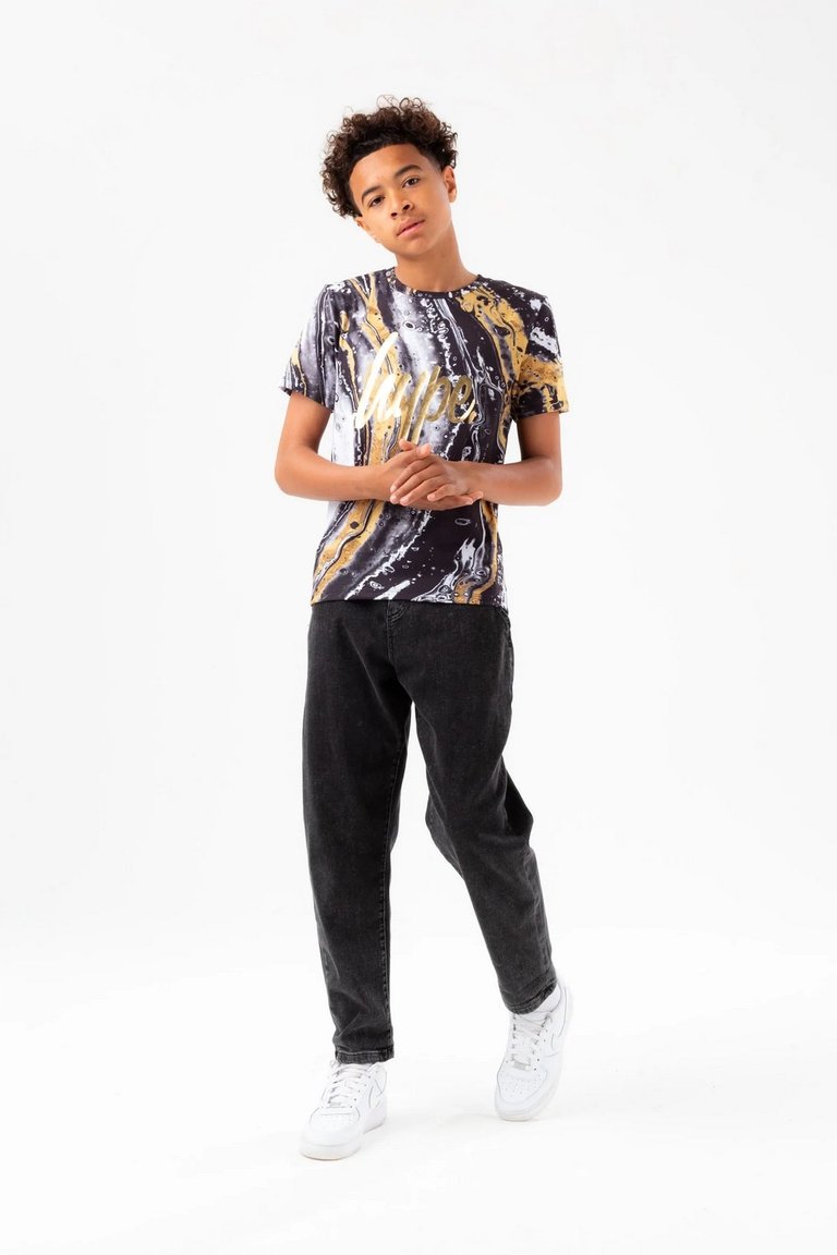 Boys Marble Foil Script T-Shirt - Black/Gold - Black/Gold