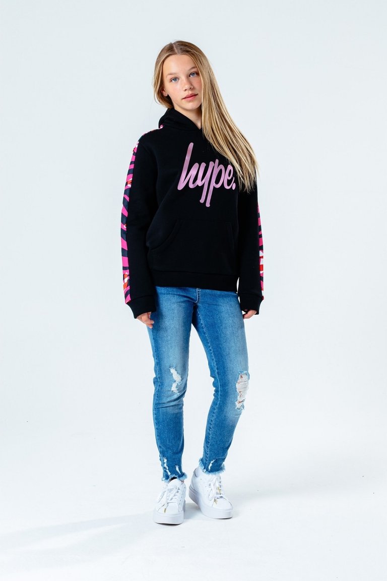 Girls Animal Panel Pullover Hoodie - Black/Pink