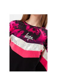 Girls Black Chevron Tie Dye Fade Script Long Sleeved T-Shirt - Black/Pink