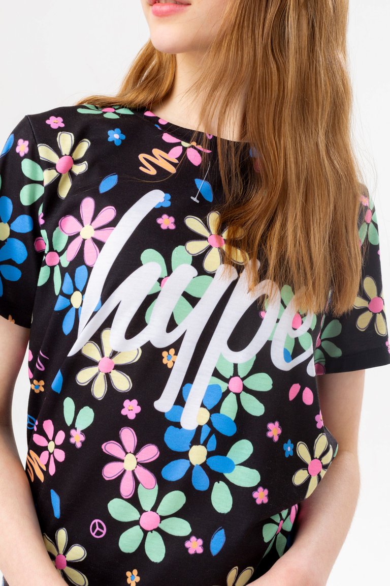 Girls Black Daisy Script T-Shirt