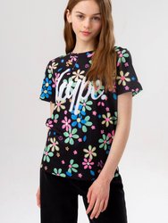 Girls Black Daisy Script T-Shirt - Black