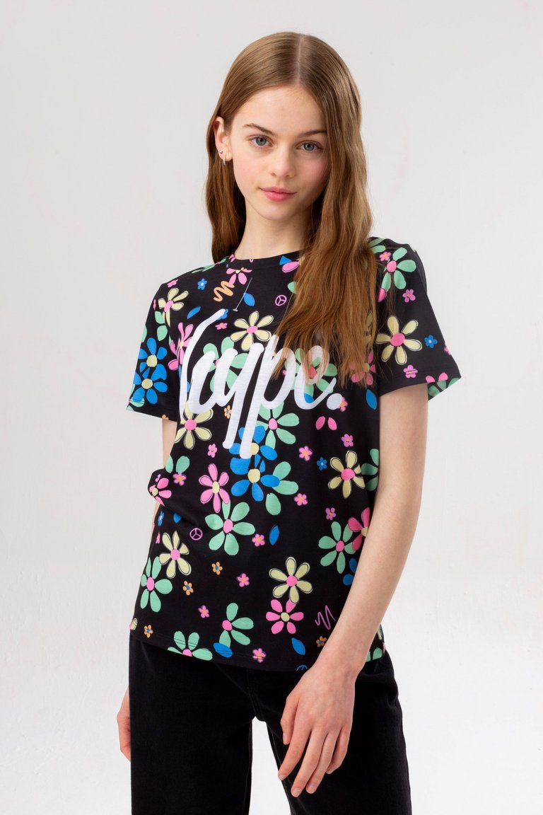 Girls Black Daisy Script T-Shirt - Black