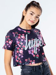 Girls Ditsy Floral Crop Top  - Black/Peach/Pink