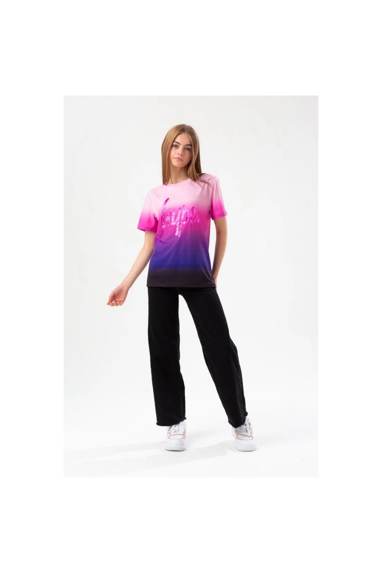 Girls Fade Foil Script T-Shirt - Pink/Purple/Black