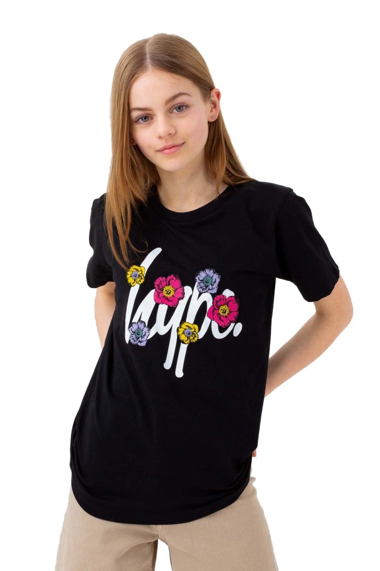 Girls Flower Patch Script T-Shirt - Black