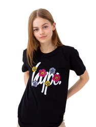 Girls Flower Patch Script T-Shirt - Black