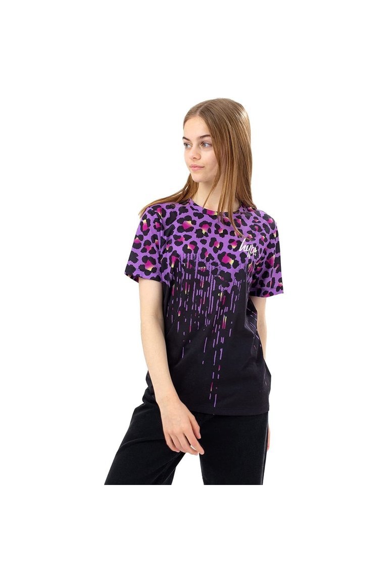 Girls Funky Drip Leopard T-Shirt - Purple/Black