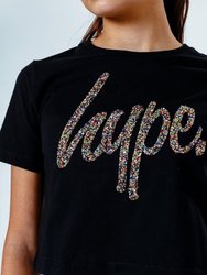 Girls Glitter Script Crop Top - Black