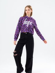 Girls Leopard Print Crop Hoodie - Purple/black/white