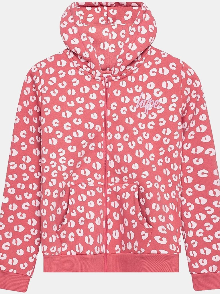 Girls Leopard Print Hoodie - Pink/White