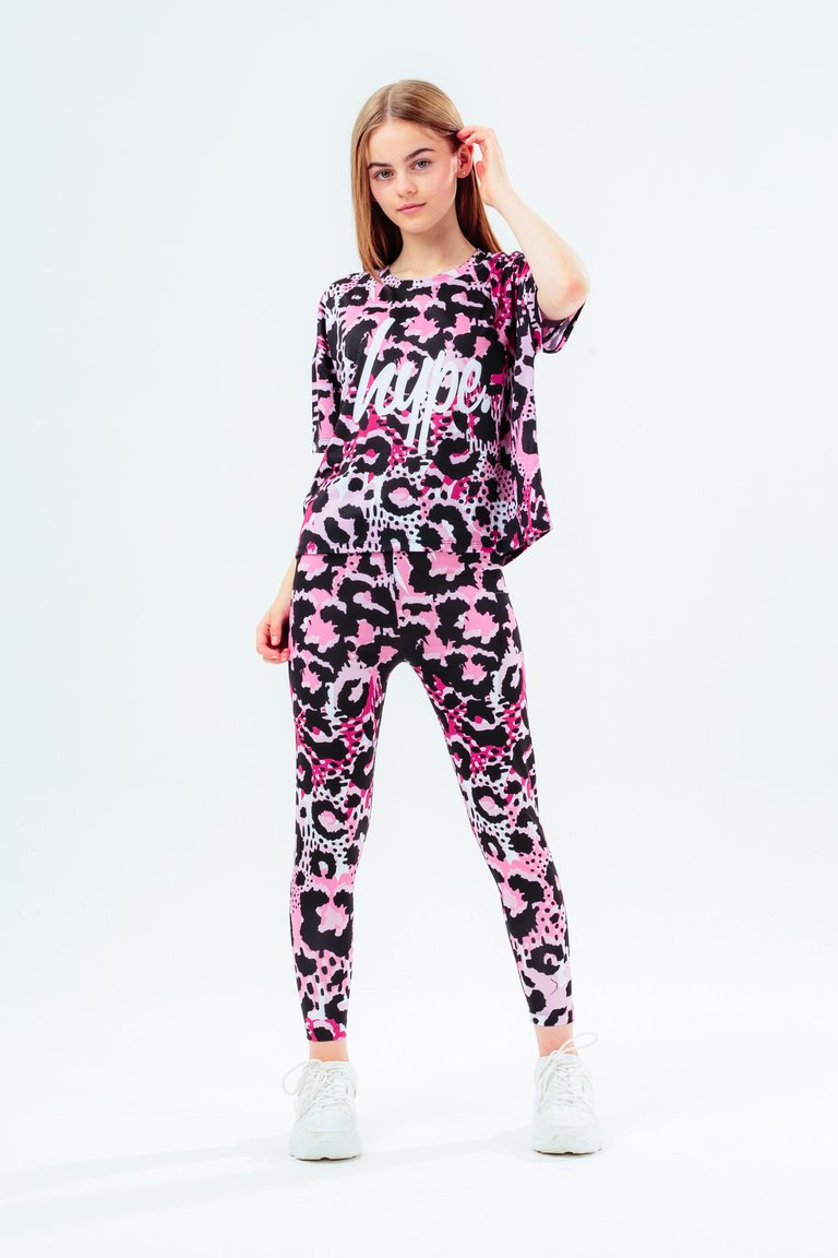 Girls Leopard Print T-Shirt - Pink/Black/White - Pink