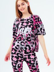 Girls Leopard Print T-Shirt - Pink/Black/White