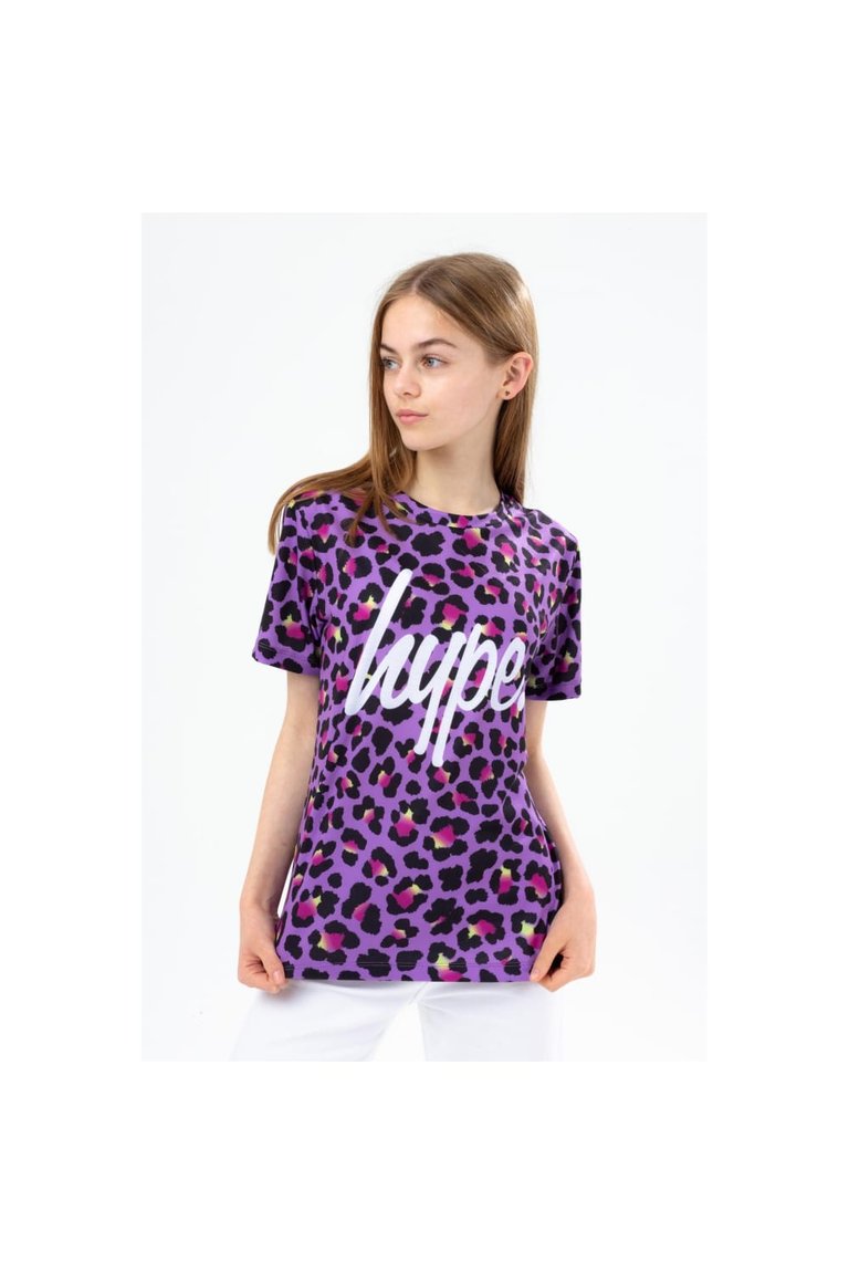 Girls Leopard Print T-Shirt - Purple/Black