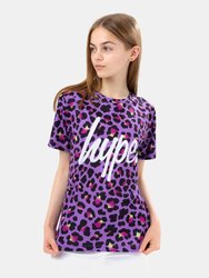 Girls Leopard Print T-Shirt - Purple/Black