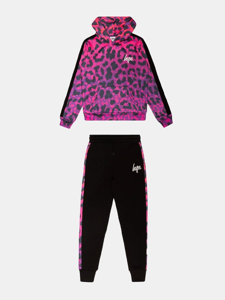 Girls Leopard Print Tracksuit - Black/Pink