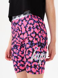 Girls Neon Cheetah Foil Script Cycling Shorts - Purple