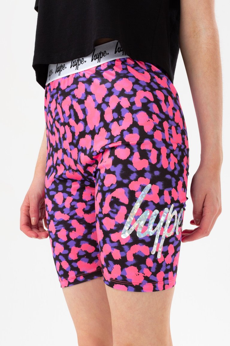 Girls Neon Cheetah Foil Script Cycling Shorts - Purple